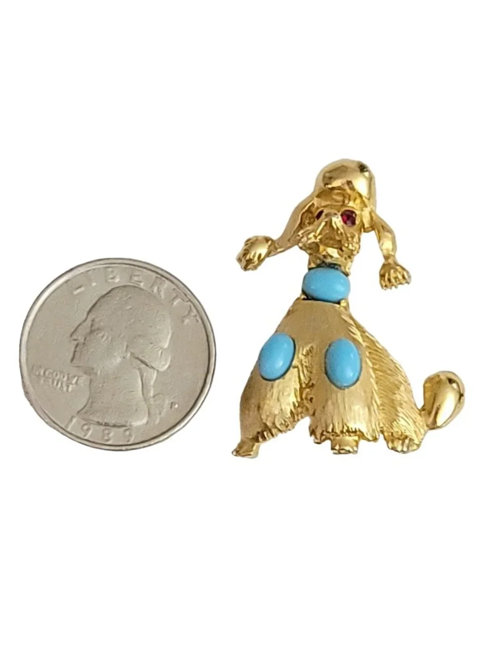 PELL Gold Tone Blue Oval Cabochon Poodle Dog Brooch Pin, Signed M419